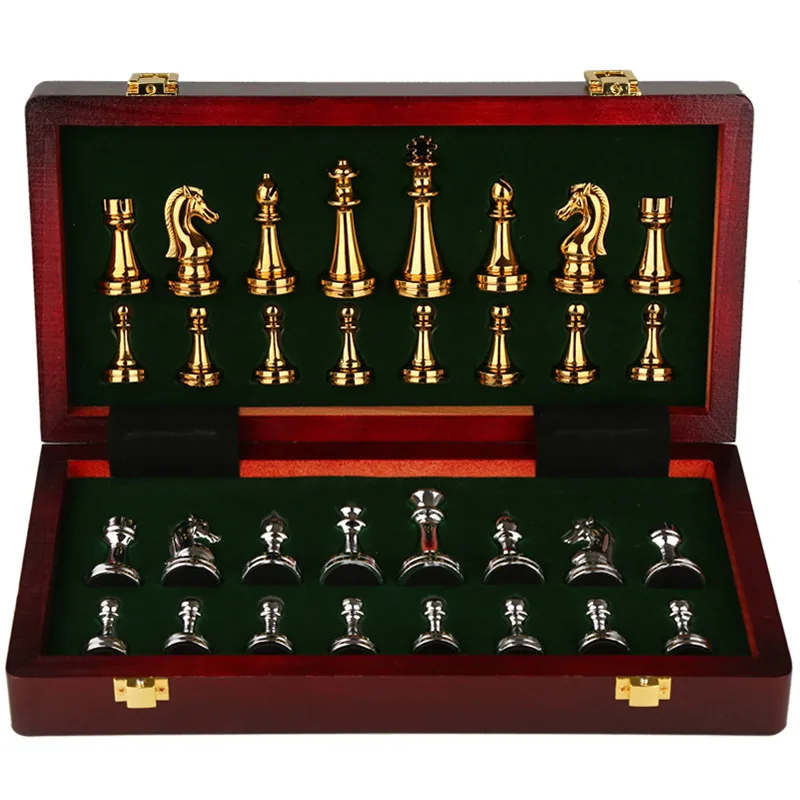 High-end Chess Gift Box Metal Chess Pieces Wooden Chessboard Retro European Style Ornaments