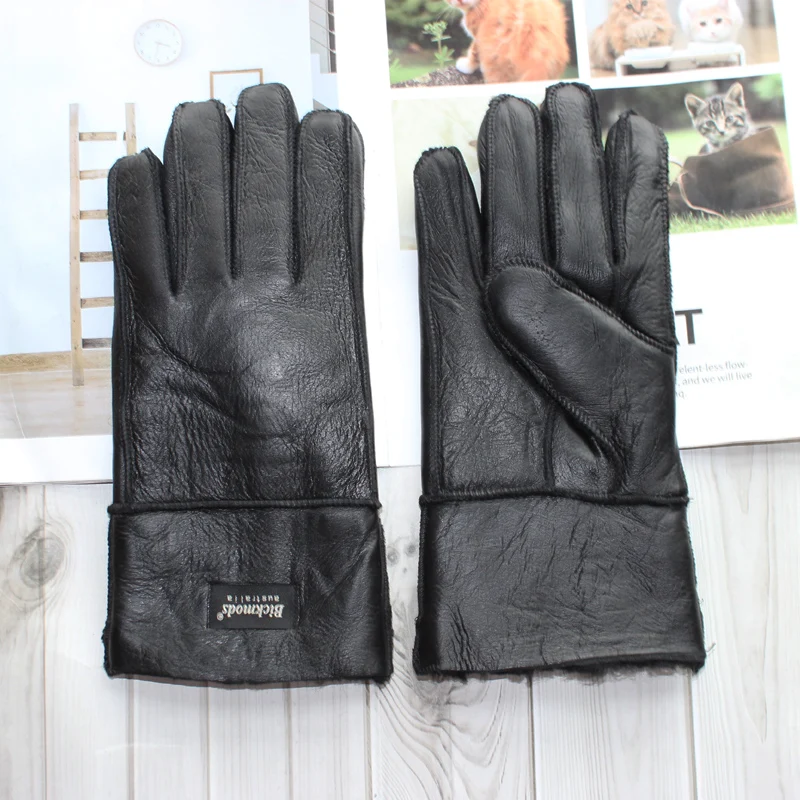 New winter warm men's sheepskin fur gloves leather thick wool outdoor wind and cold gloves