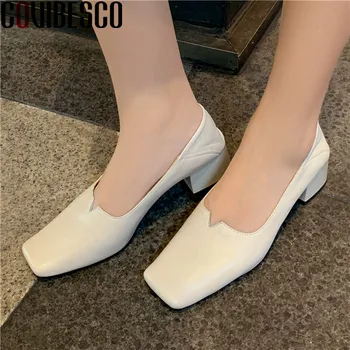 

COVIBESCO Quality Shallow Genuine Leathr Women's Shoes Summer Autumn Square Toe Thick Heels Pumps Wedding Casual Shoes Woman