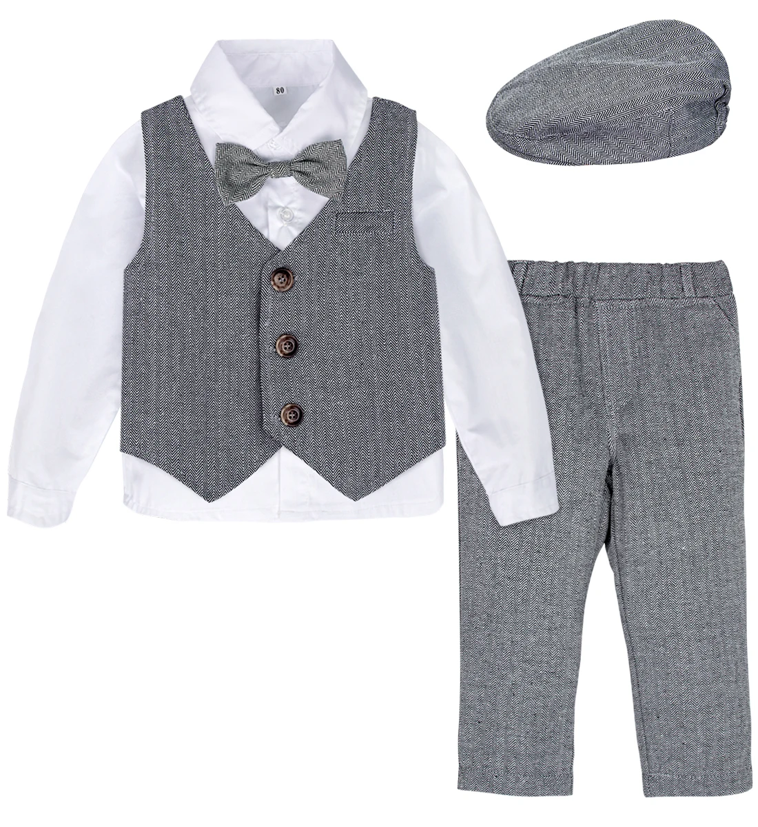 Костюм Джентльмена для маленьких мальчиков официальный костюм для свадебной вечеринки для малышей комплект одежды для детей, рубашка и штаны галстук-бабочка, шляпа, жилет с длинными рукавами - Цвет: Dark Gray-Hat