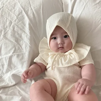 

Kids Bodysuit 2020 Summer New Children's Clothes Hollow Beige Triangle Bodysuit Hollow Flower Romper with Hat