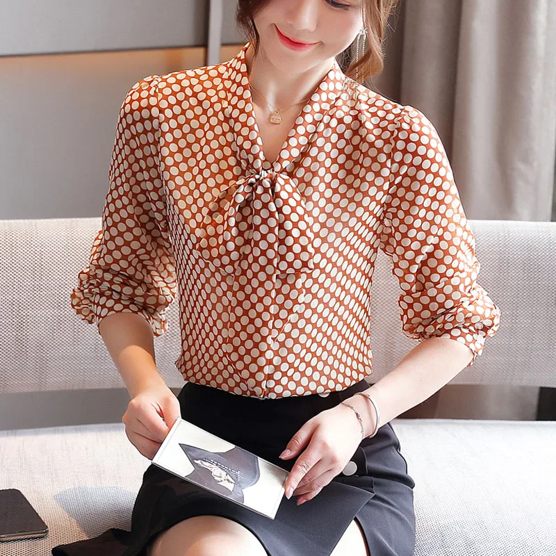 

Korean Chiffon Women Blouses Women Long Sleeve Bow Tie Shirts Elegant Office Lady Dot Print Blouse Top Plus Size Blusas De Mujer