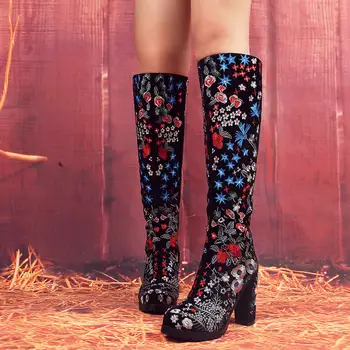 

Lapolaka 2020 New Arrivals National Style Cool Embroidered Long Boots Woman Shoes Zip Chunky High Heels Platform Knee High Boots