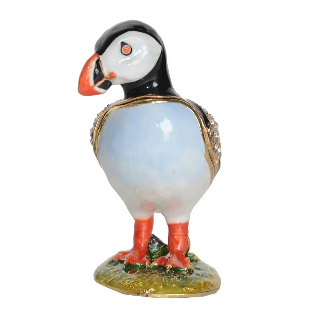 Puffin Bird Trinket Jewelry Earring Ring Box, Gold Plated Metal Collectible Figurines, Novelty Gifts