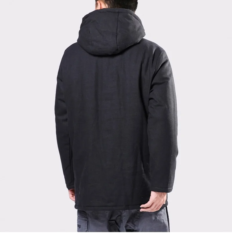Vintage Style Hooded Men Parkas Cotton Winter Button Up Trench Long Sleeve Outerwear Padded Retro Men Jackets Coats KK3062