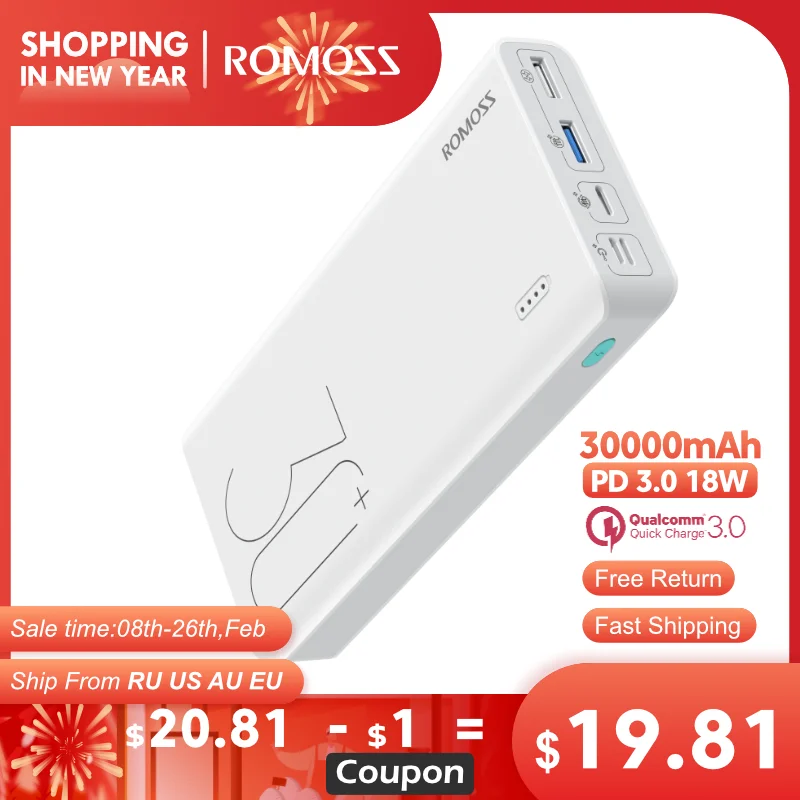  ROMOSS Sense 8 + внешний аккумулятор Пауэр банк 30000 мАч QC PD 3,0 Быстрая зарядка Повербанк 30000 мАч портативное Внешние аккумуляторы для Xiaomi Mi 