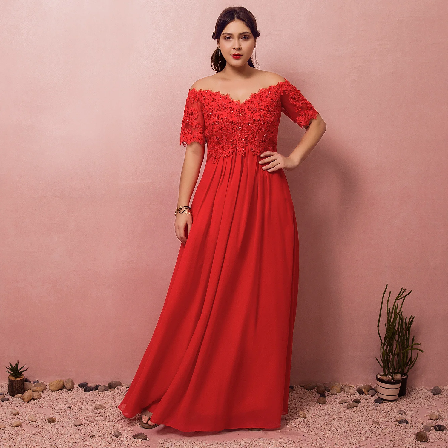 

A-Line Floor Length Plus Size Wedding Dress 2019 Red Sexy Off-shoulder Appliques Lace Dress Beading Lace-up Dress for Party