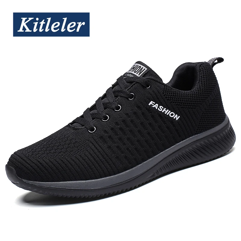 black grey Kitleer/мужская повседневная обувь Flyknit; зимние теннисные туфли; Masculino; мужские туфли-светильник; дышащие кроссовки для прогулок; zapatillas hombre - Цвет: black grey