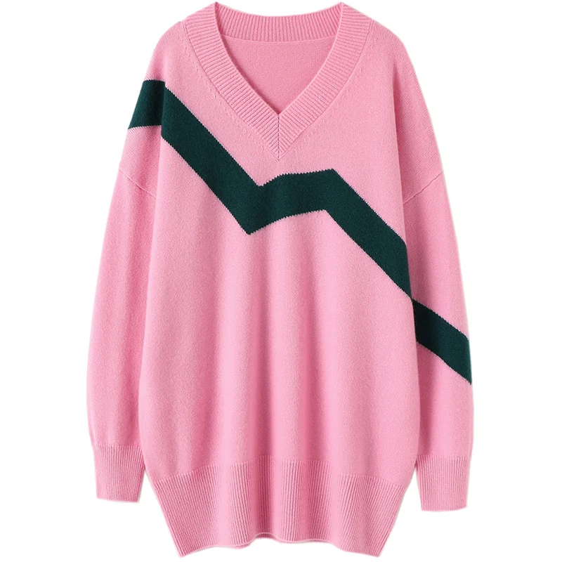 

aliaga winter europe new striped 100% cashmere sweater oversized women's chic long sleeve v neck knitwear