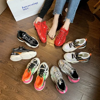 

Daddy shoes women ins tide shoes 2020 spring new color matching patent leather thick bottom wild Korean sports shoes