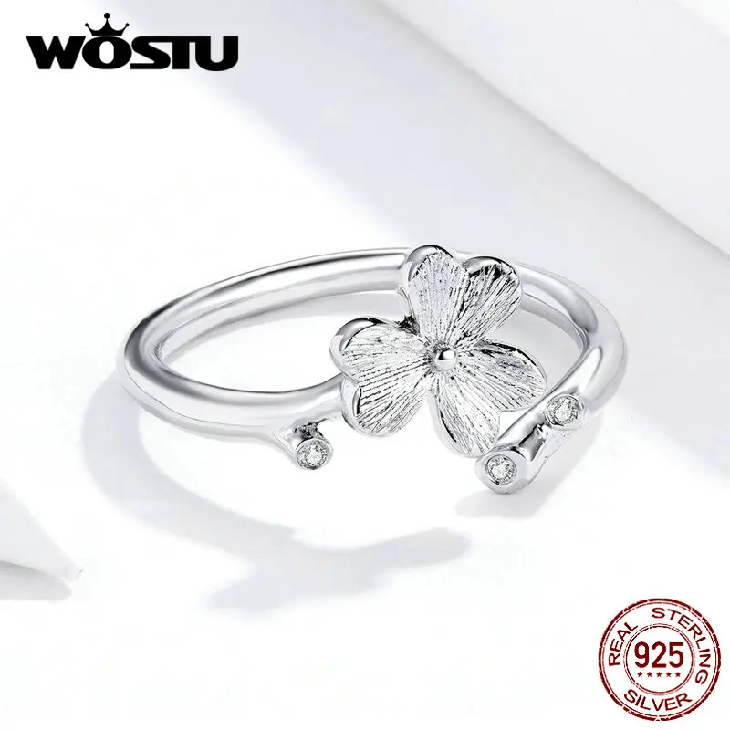 WOSTU, Новое поступление,, настоящее 925 пробы, серебряное кольцо в виде цветка клевера, циркониевые регулируемые Открытые Кольца, для женщин, ювелирные изделия CQR598