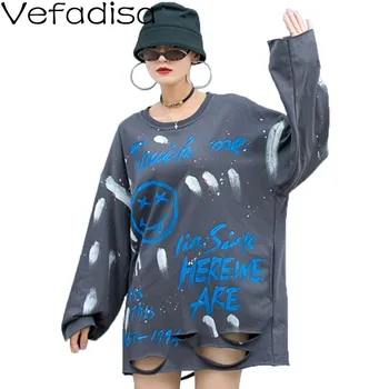 

Vefadisa Dark Gray Hand-painted Graffiti Women T-shirt 2020 Autumn Hole Pullover Top Streetwear Long Sleeve T-shirt QYF3989