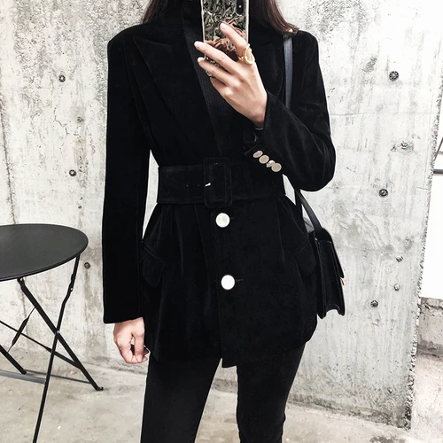 Black Women blazers and jackets OL work bussiness black velvet jacket coat for ladies mujer casual blazer - Цвет: Black