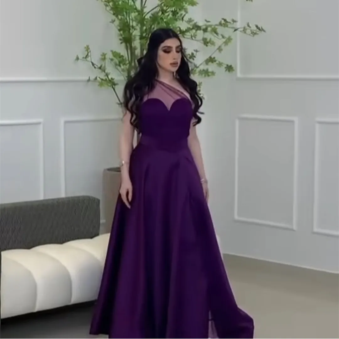 

Elegant Long Satin Evening Dress with Pockets A-Line Purple One Shoulder Abendkleider Floor Length Custom Made Prom Party Gown