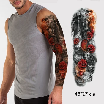 

Waterproof Temporary Tattoo Sticker wolf skull eye rose flower clock heart full arm fake tatto flash tatoo tattoos to men women