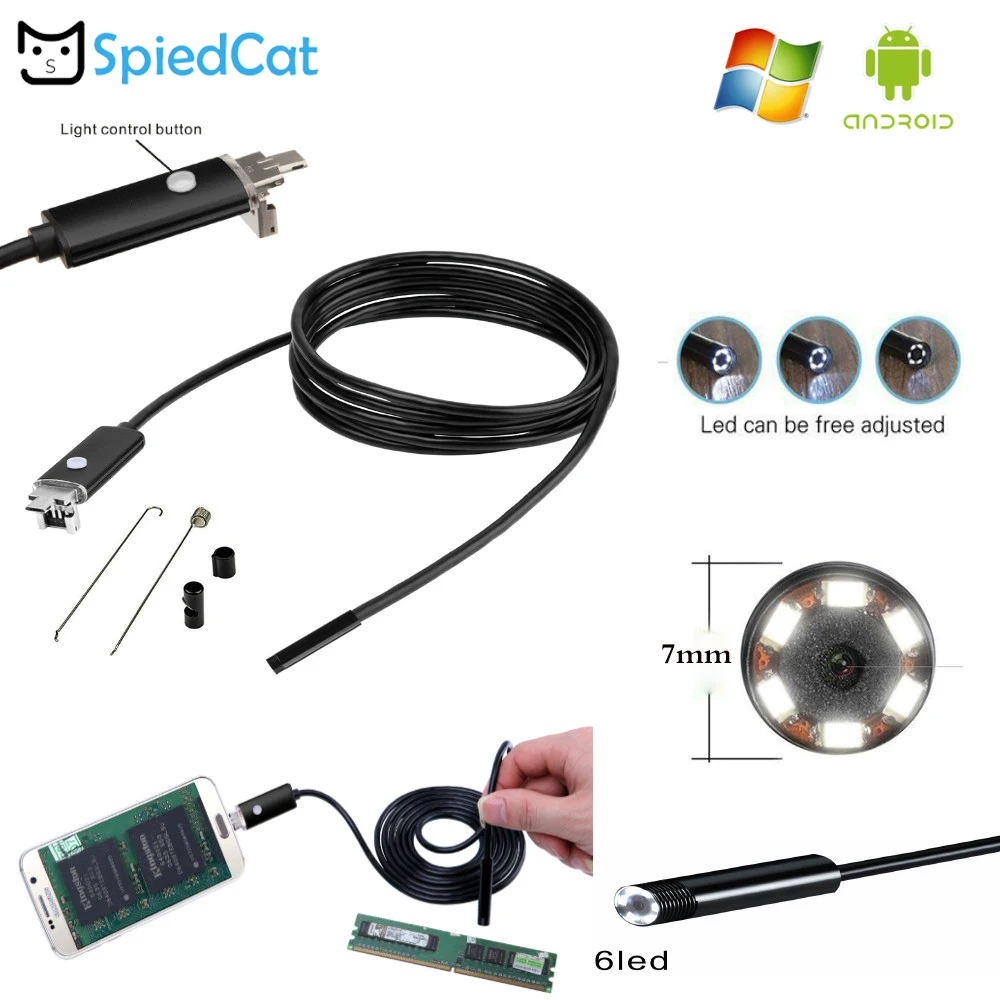 2в1 7 мм Мини объектив 5 м мягкий кабель Micro/USB Водонепроницаемый эндоскоп бороскоп