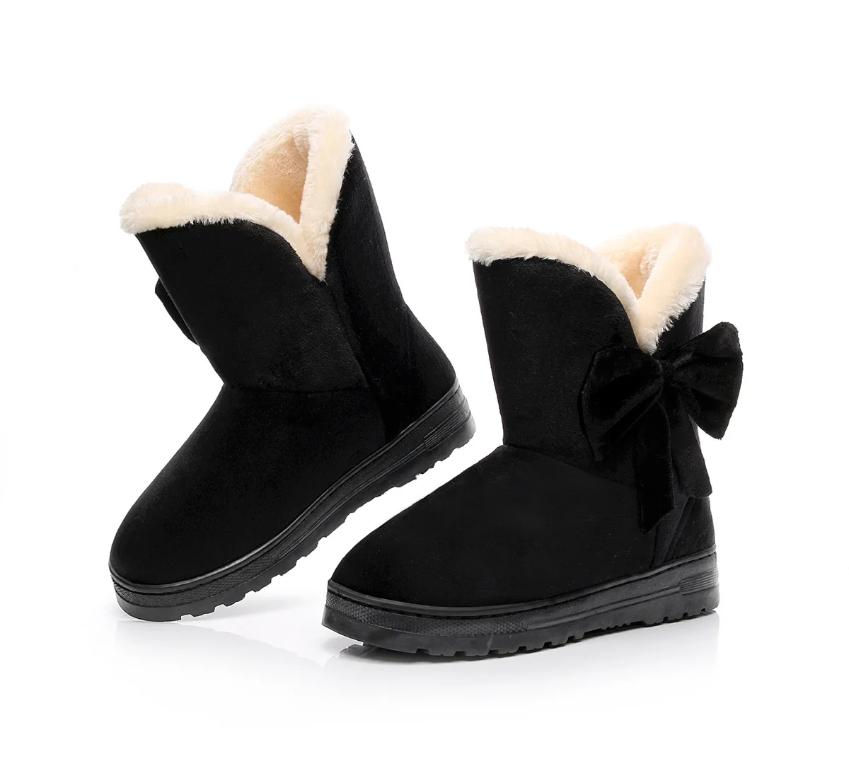Houlife Winter Warm Women Solid Color Fur Ankle Snow Boots Bowtie Plush Suede Rubber Flat Slip On Female Fashion Mujer Booties