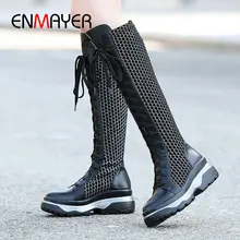 ENMAYER/ г. Модные сапоги на платформе женские сапоги до колена из натуральной кожи мотоциклетные сапоги на шнуровке с круглым носком зимняя женская обувь