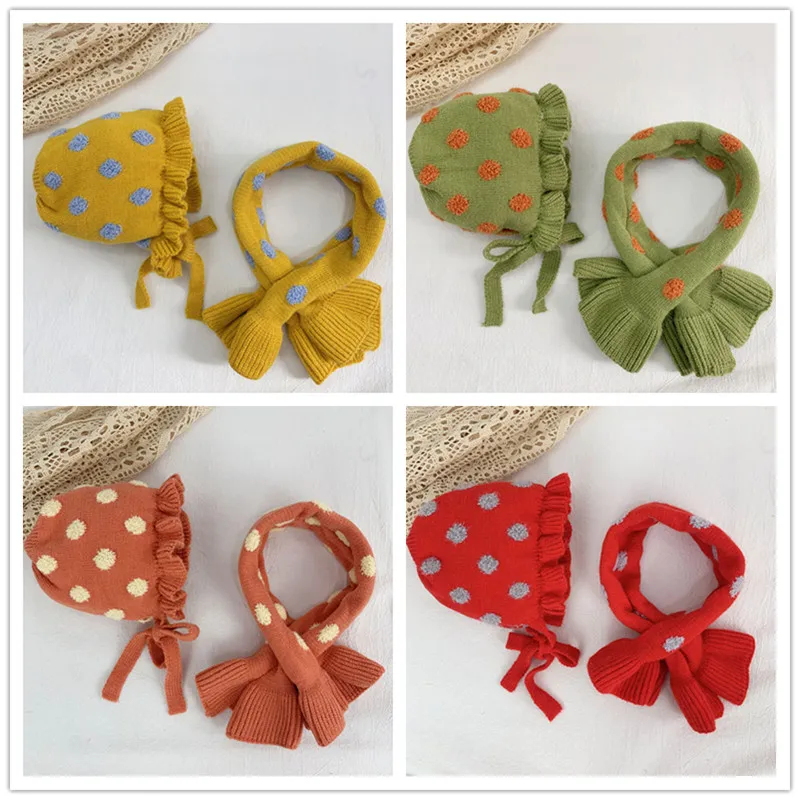 

Children hat Cute knitted hat autumn and winter girl baby Hat and scarf combination earmuffs warm wool hedging baby lace Beanies