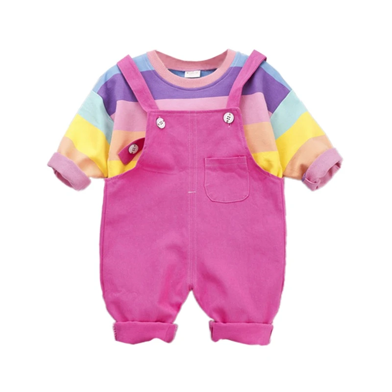 

Fashion Baby Girls Clothes Set Autumn Casual Long Sleeve Rainbow T-shirt Tops+Denim Suspender Pants Suit Girl Clothing Set #p