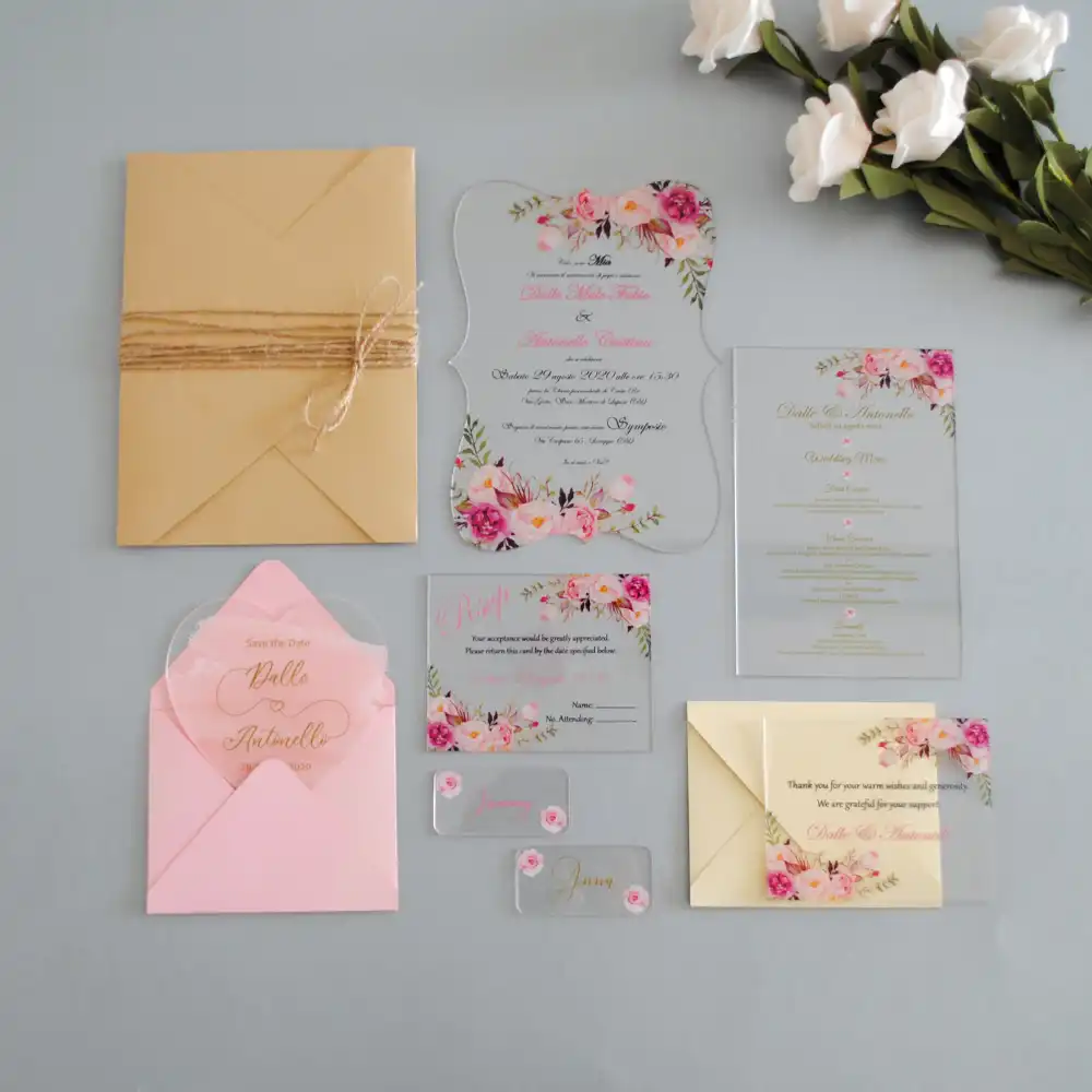 Free Shipping 2020 Custom Pink Acrylic Wedding Invitation Card Wine Red Flowers Menu Kraft Envelope Cards Invitations Aliexpress