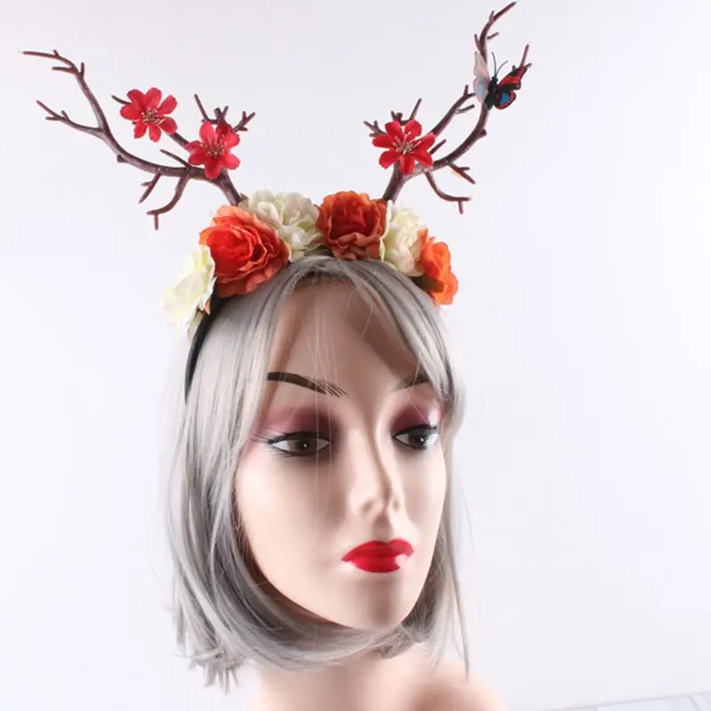Женская повязка на голову на Хэллоуин, Рождество, лес, искусственная ветка дерева, рога, цветок, обруч для волос, косплей, маскарад, реквизит для фотосессии
