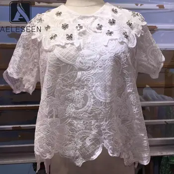 

AELESEEN Runway Fashion Lace White Blouse High Quality Beading Diamonds Hollow Out Ruffles Office Ladies Black Blouse