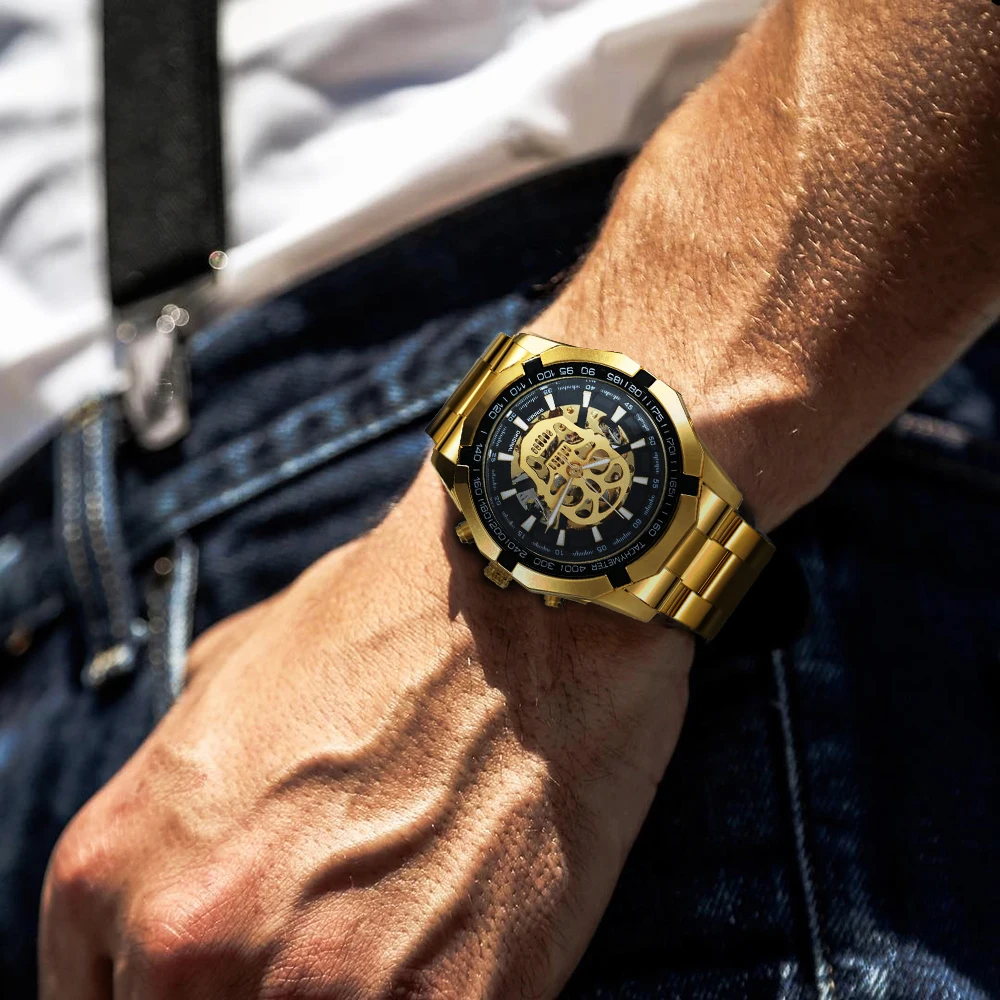 WINNER-reloj dorado automático oficial para hombre, pulsera mecánica con correa a la moda, Calavera, de lujo, venta al por mayor - Imagen 6