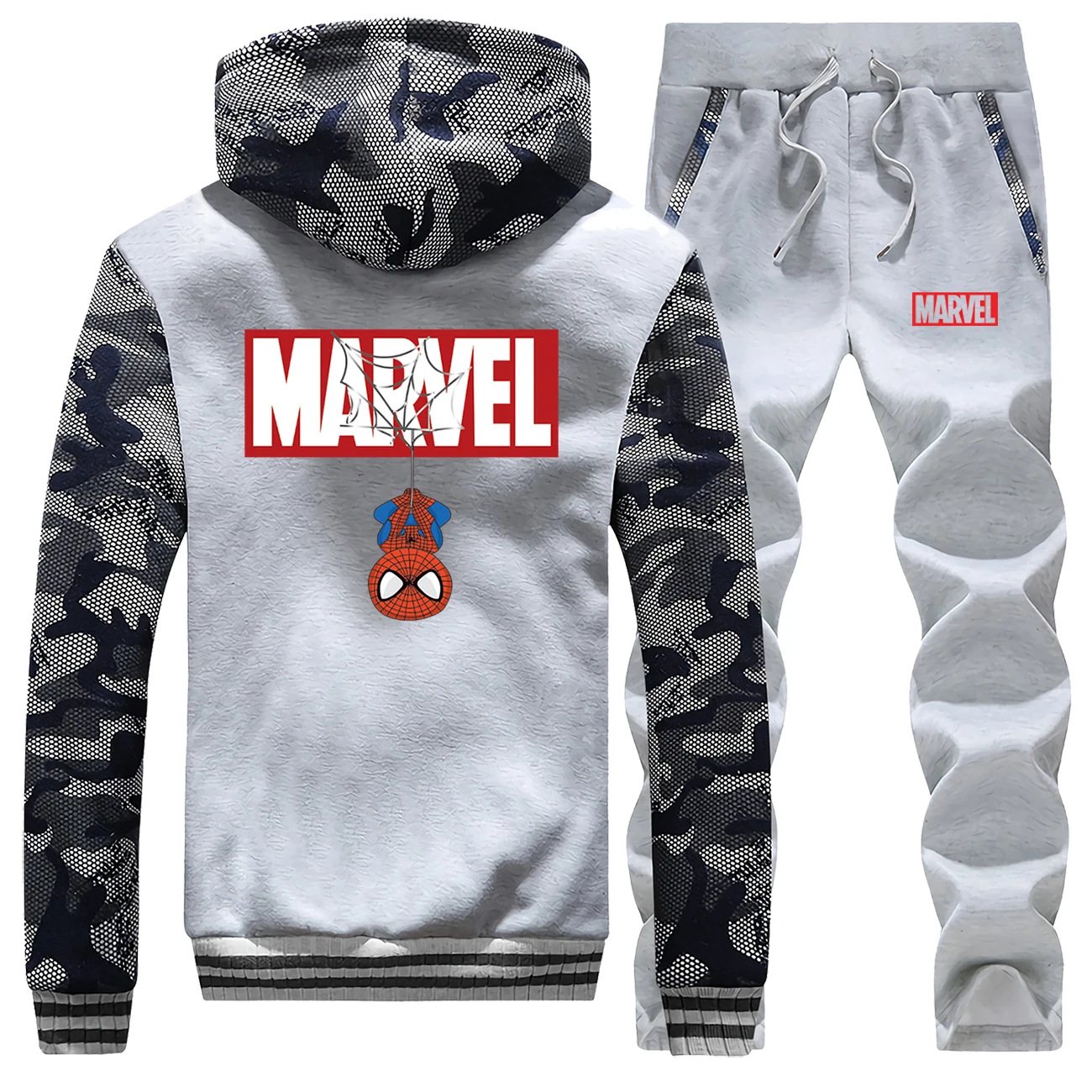 Marvel, принт Человека-паука, куртка+ штаны, комплект из 2 предметов, Мужская камуфляжная толстовка, мужской спортивный костюм в стиле хип-хоп, модные толстовки, зимний теплый костюм