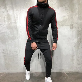

Puimentiua Men Sports TrackSuits Slim Fit Stripe Men Set Long Sleeve Button Hip Hop Clothing Casual Sweatshirts Jacket Pant Sets