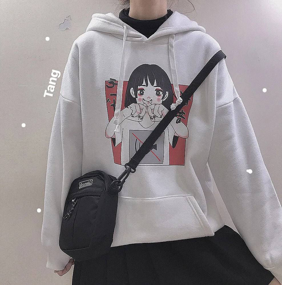 Аниме принт толстовка женская Kawaii Толстовка Harajuku одежда пуловер с капюшоном корейского размера плюс тонкая Повседневная Уличная одежда Топ V562