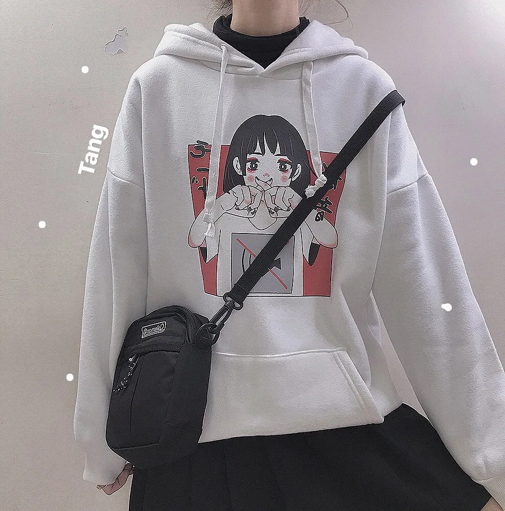  Anime Print Sweatshirt Women Kawaii Hoodie Harajuku Clothes Pullover Hooded Korean Plus Size Thin C