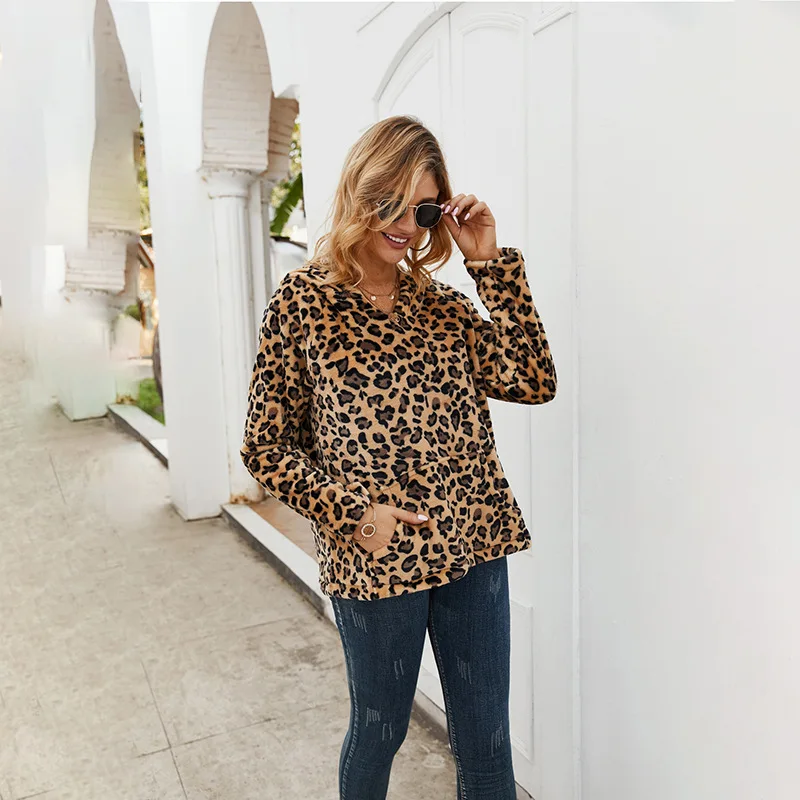 

Women's Explosions 2019 Leopard Print New Loose V-neck Hooded Leopard Pullovers Women Hoodies Pullover Sweatshirt Women