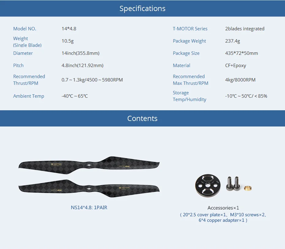 T-motor Multirotor Carbon Fiber 3rd Gen Ultra Light Propellers NS Series NS14*4.8 NS15*5 NS16*5.4 NS16*6.1 NS18*6 NS20*6.2 Prop 19