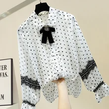 Polka Dot Blouse Women Sweet Bow Frilled Joint Lace Bell Sleeve Transparent Thin Chiffon Shirt Ladies Tops Blusas Mujer 2020