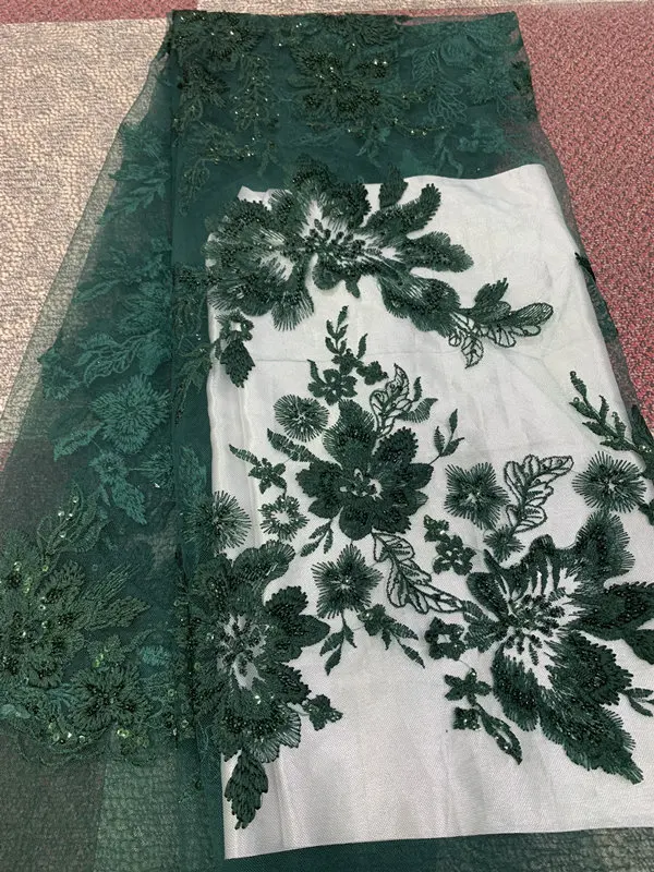 dark green Африканский тюль, кружевная ткань с цветочной вышивкой, швейцарская вуаль, высокое качество, нигерийская кружевная ткань с бисером для невесты - Цвет: dark green