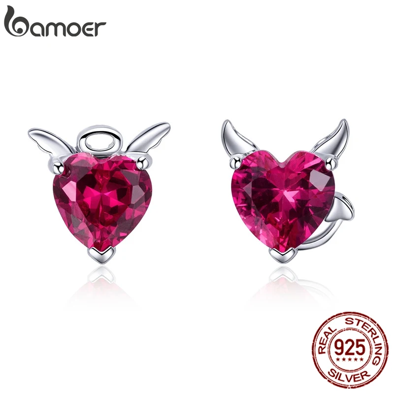 925 Sterling Silver Angel And Devil Heart Stud Earrings for Women