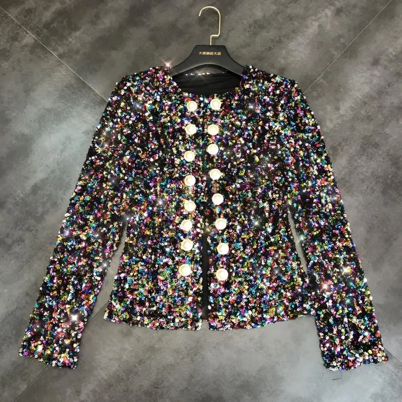 

2019 New Autumn Bling Color Sequins Pearl Buckle Short Coat Woman Fashion Shiny Jacket Lady's Cardigan Outwear
