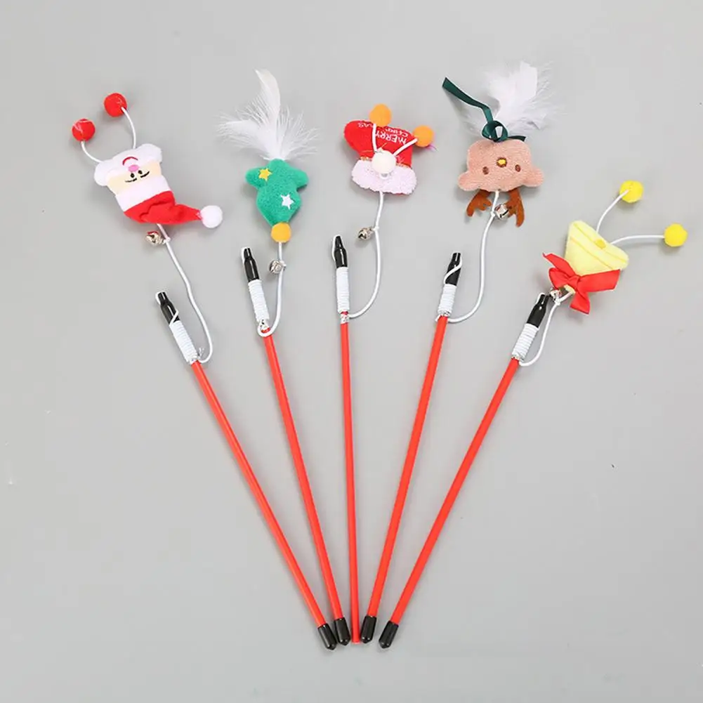 

New Durable Cute Christmas Tree Bell Pet Cat Kitten Teaser Wand Stick Catch Xmas Pet Interactive Toy
