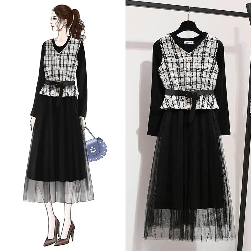 ICHOIX women 2 piece set black Mesh long dress plaid vest Korean outfits elegant formal party 2pcs casual winter |