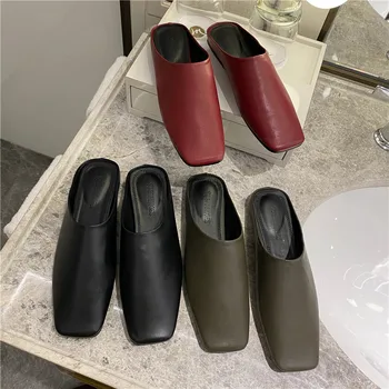 

Women Flats Slippers Square Toe Soft Leather Comfortable Shoes Woman Slip On Casual Slippers Slip On Outside Flip Flops Size 39