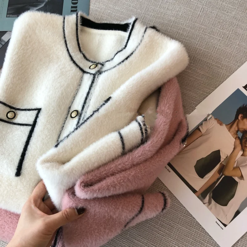 

Faux Mink Runway Cardigan Sweater Women Round Neck Single Breasted Winter Cardigan 2021 Sweater Coat Knitted Jacket Ladies Top