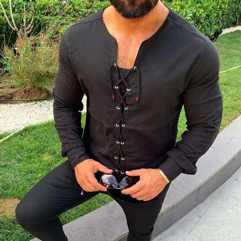 

Plus size Medieval Shirt Lace-up Men Shirts Pirate Landlord Knight Tunic Casual Shirt M-XXXL