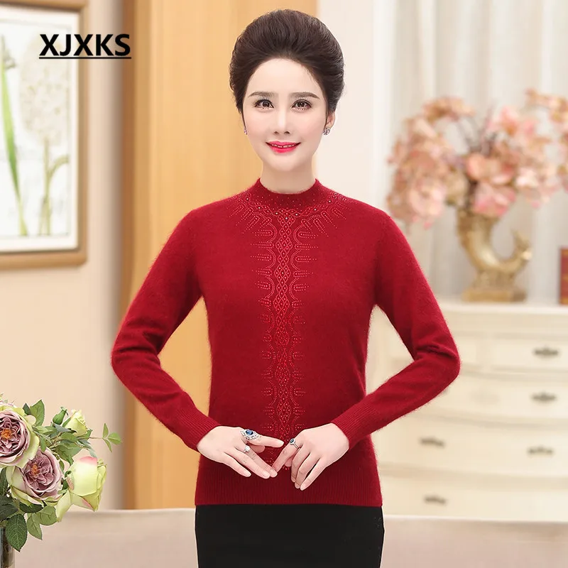 XJXKS winter new exquisite diamond women turtleneck sweater plus size high-end mink cashmere knitted sweater women pullove - Цвет: Бургундия