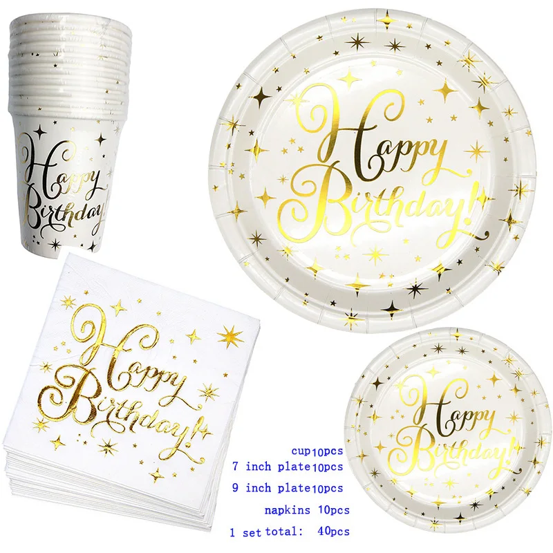 1 set 40 pcs Золотые салфетки, чашки, тарелки, принадлежности для дня рождения, золотые одноразовые столовые приборы для дня рождения, украшения, вечерние сувениры - Цвет: 1 set 40 pcs