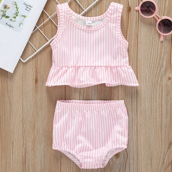 

Soft Kids Split swimsuits 2020 New Pink Striped Ruffled Girls Swimsuit Baby Girl Summer Swimming Suit Vest + PP Shorts Outfits
