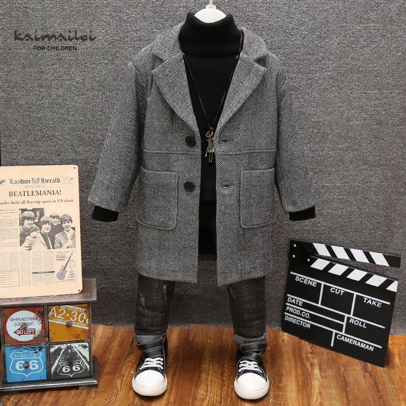 

Winter Middle And Large Autumn South Korea BOY'S Childrenswear Child Thick Mid-length Duffle Coat Convention B Class Plaid Suit