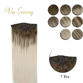 

VeSunny Clip in Hair Extensions Real Human Hair 7pcs Double Weft Clip on Hair Balayage Ombre Highlights Light Root Blonde Hair