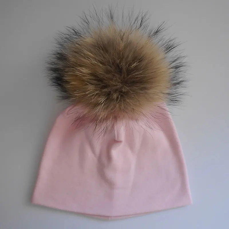 pink natural pom 3 размера реквизит для фотосъемки новорожденных Детская Хлопковая шапочка настоящий помпон из меха енота Детские шапки для девочек и мальчиков - Цвет: pink natural pom