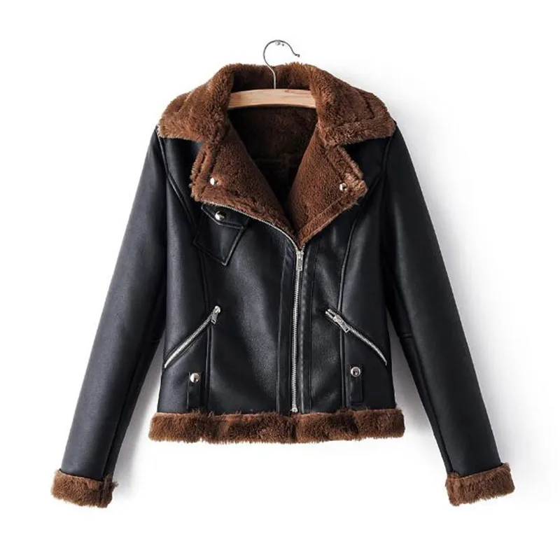 Новинка, зимние женские пальто из искусственной овчины, Толстая теплая куртка из искусственной овечьей кожи, мотоциклетная Женская куртка - Цвет: Black brown hair